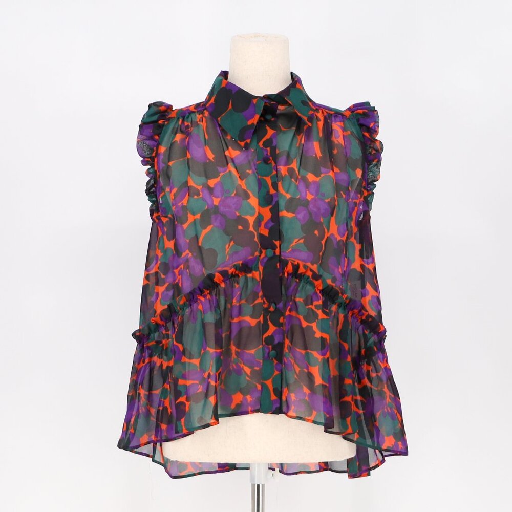 INCLAN STUDIO 100% Silk Ruffle Sleeve Sheer Purple Multi High-Low Blouse Size S